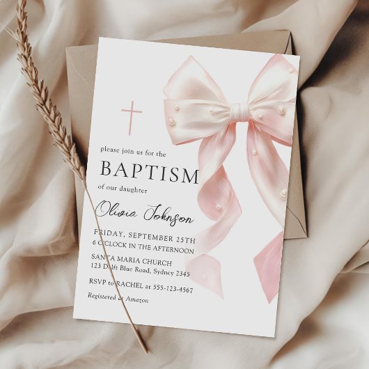 Elegant Pink Bow Baptism Girl Invitation Einladung