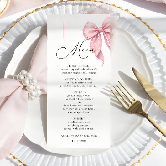 Elegant Pink Bow Baptism Menu Menükarte