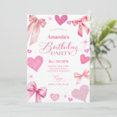 Elegant Pink Bow Birthday Party Invitation Einladung (Stehend Vorderseite)