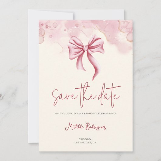 Elegant Pink Bow Birthday Quinceañera Save The Date (Vorderseite)