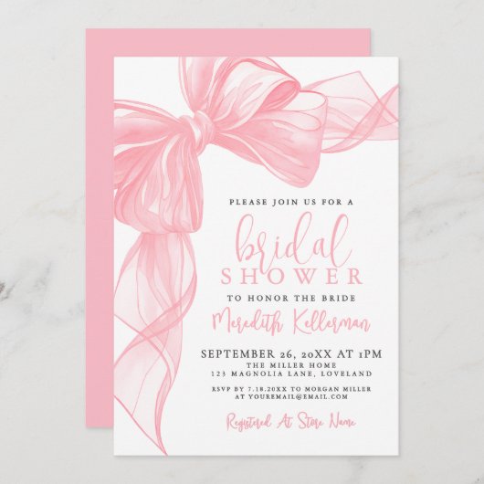 Elegant Pink Bow Bridal Shower Einladung (Vorne/Hinten)