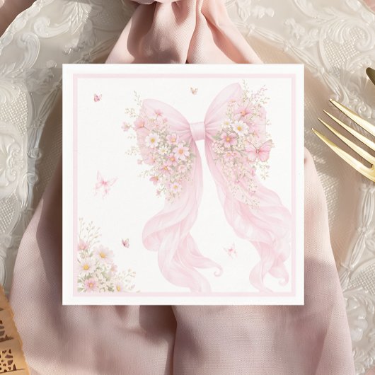 Elegant Pink Bow Butterfly Baby Shower Serviette