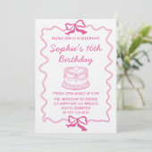 Elegant Pink Bow & Cake Sweet 16 Birthday Party Einladung (Stehend Vorderseite)