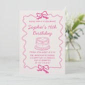 Elegant Pink Bow & Cake Sweet 16 Birthday Party Einladung (Stehend Vorderseite)
