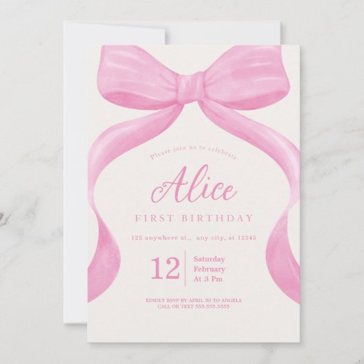 Elegant Pink Bow Coquette Erstgeburt Girl Einladung (Vorderseite)