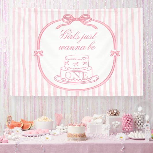 Elegant Pink Bow Coquette Girl 1st Birthday  Banner (Party)