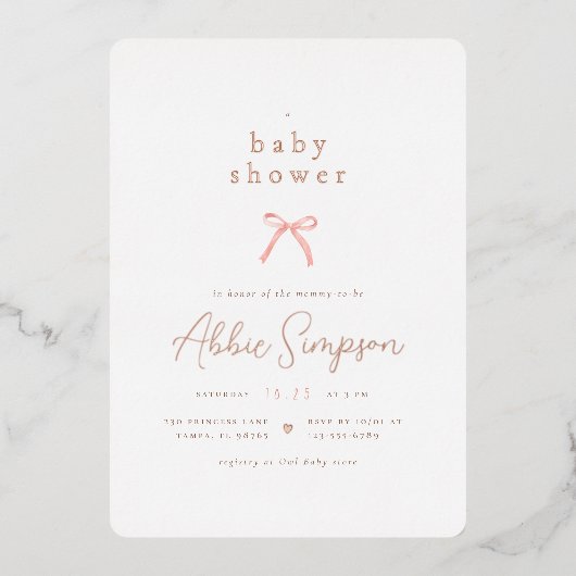 Elegant Pink Bow Coquette Girl Baby Shower Folieneinladung (Vorderseite)
