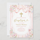 Elegant Pink Bow Coquette Girl Baptism Floral Gold Einladung (Vorderseite)