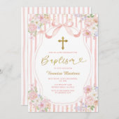 Elegant Pink Bow Coquette Girl Baptism Floral Gold Einladung (Vorne/Hinten)