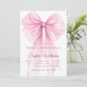 Elegant Pink Bow First Birthday Invitation Einladung (Stehend Vorderseite)