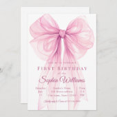 Elegant Pink Bow First Birthday Invitation Einladung (Vorne/Hinten)