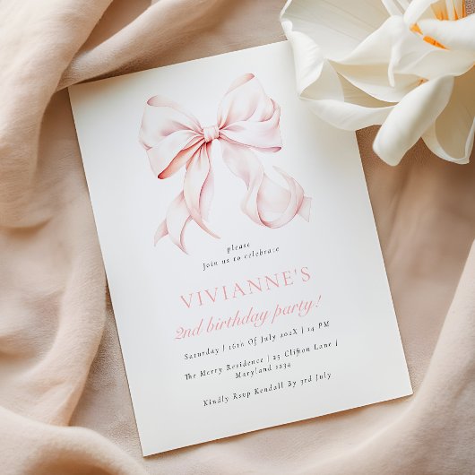 Elegant Pink Bow Girl 2. Geburtstag Einladung