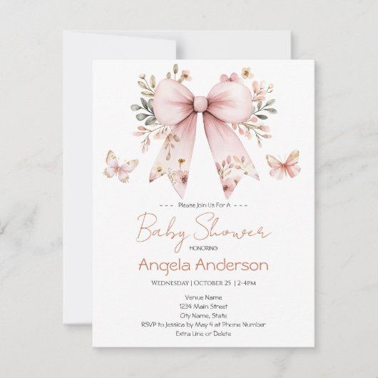 Elegant Pink Bow Girl Baby Shower Einladung (Vorderseite)