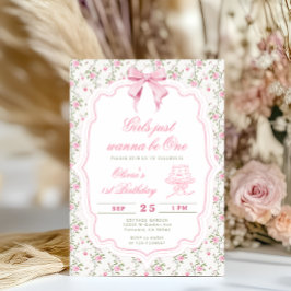Elegant Pink Bow Girl First Birthday Einladung