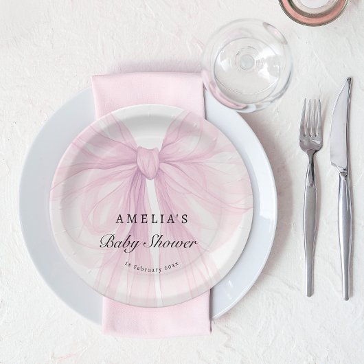 Elegant Pink Bow Girls Baby Shower Pappteller