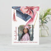 Elegant Pink Bow Graduation Party Invitation  Einladung (Stehend Vorderseite)