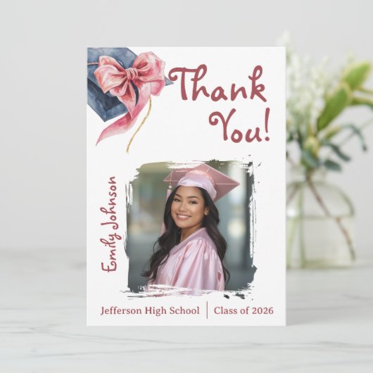 Elegant Pink Bow Graduation Thank You Card  Einladung (Stehend Vorderseite)