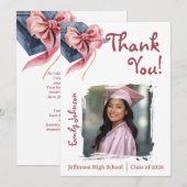 Elegant Pink Bow Graduation Thank You Card  Einladung (Vorne/Hinten)