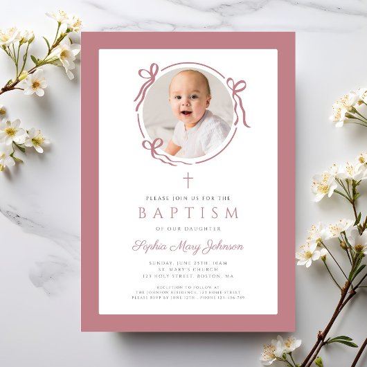 Elegant Pink Bow Photo Baptism Einladung