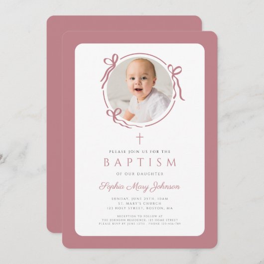Elegant Pink Bow Photo Girl Baptism Einladung (Vorne/Hinten)