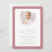 Elegant Pink Bow Photo Girl Baptism Einladung (Vorderseite)