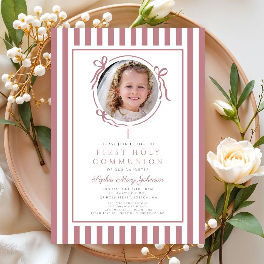 Elegant Pink Bow Photo Girl First Communion Einladung