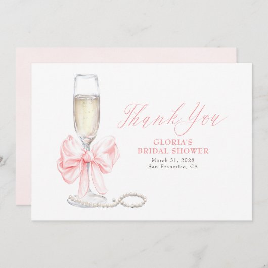 Elegant Pink Bow Prosecco Bridal Shower Thank You Dankeskarte (Vorne/Hinten)