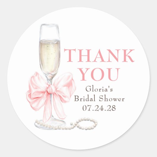 Elegant Pink Bow Prosecco Bridal Shower Thank You Runder Aufkleber (Vorderseite)