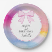 Elegant Pink Bow Rainbow Watercolor First Birthday Pappteller (Vorderseite)
