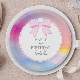 Elegant Pink Bow Rainbow Watercolor First Birthday Pappteller