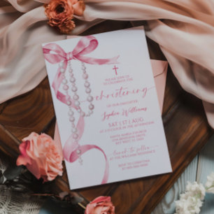 Elegant Pink Bow & Rosary Christening Einladung