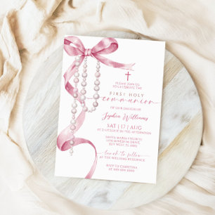 Elegant Pink Bow & Rosary Erste Heilige Kommune Einladung
