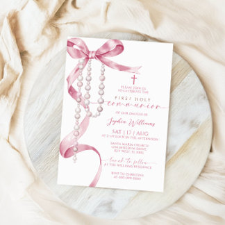 Elegant Pink Bow & Rosary Erste Heilige Kommune Einladung
