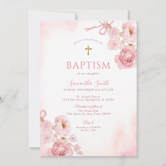 Elegant Pink Bow Rose Floral Cross Girl Baptism Einladung (Vorderseite)