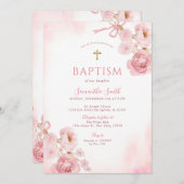 Elegant Pink Bow Rose Floral Cross Girl Baptism Einladung (Vorne/Hinten)