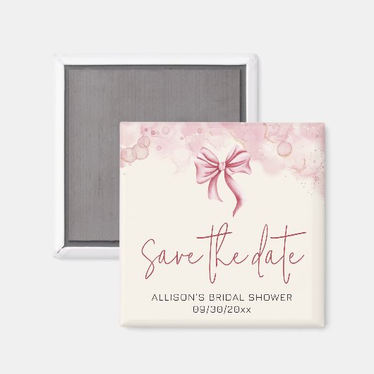 Elegant Pink Bow Save the Date Bridal Shower Magnet (Vorderseite/Rückseite)