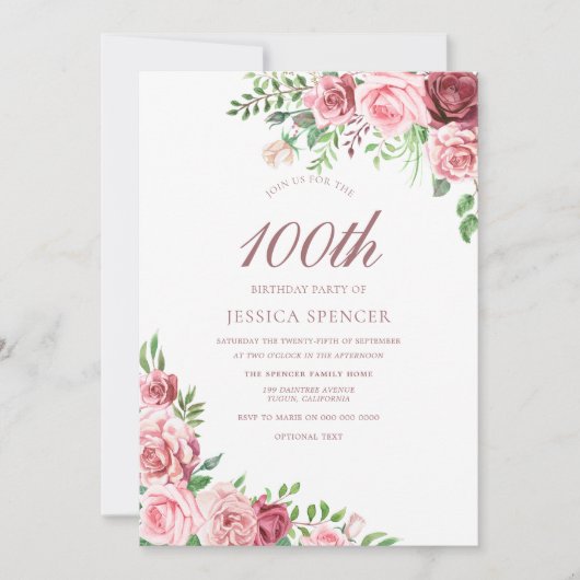 Elegant Pink & Burgund Einladung zum 100. Geburtst (Vorderseite)