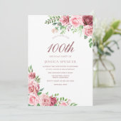 Elegant Pink & Burgund Einladung zum 100. Geburtst (Stehend Vorderseite)