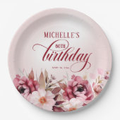Elegant Pink Burgundy Floral 80. Geburtstag Pappteller (Vorderseite)