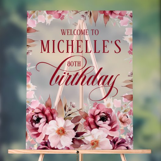 Elegant Pink Burgundy Floral 80th Birthday Acrylschild (Neutral)