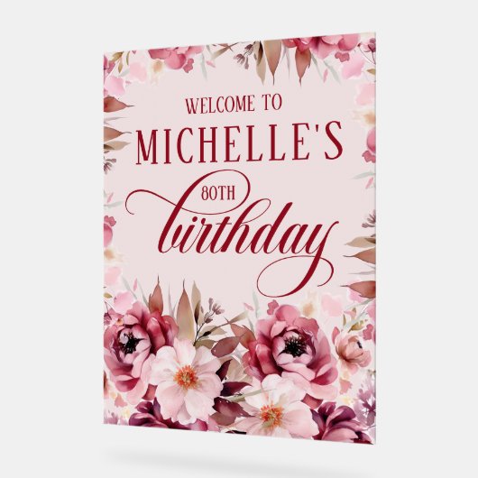 Elegant Pink Burgundy Floral 80th Birthday Acrylschild (Winkel)