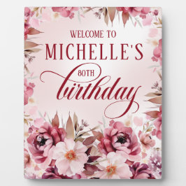 Elegant Pink Burgundy Floral 80th Birthday Fotoplatte