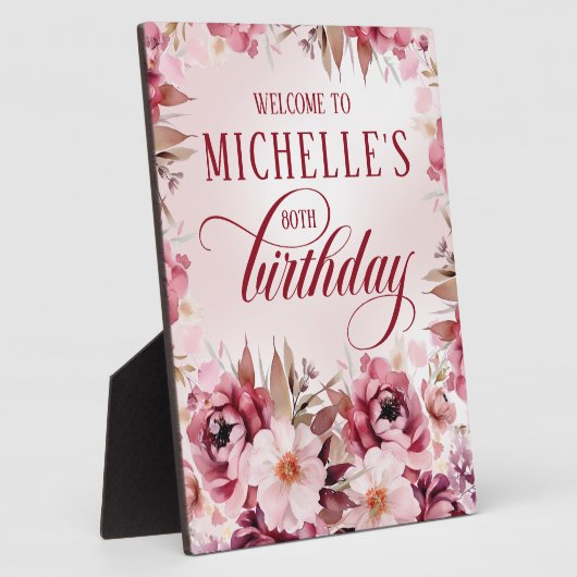 Elegant Pink Burgundy Floral 80th Birthday Fotoplatte (Seite)