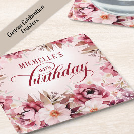 Elegant Pink Burgundy Floral 80th Birthday Rechteckiger Pappuntersetzer