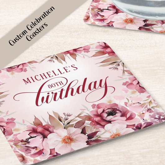 Elegant Pink Burgundy Floral 80th Birthday Rechteckiger Pappuntersetzer