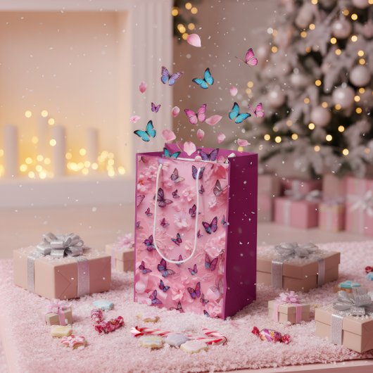 Elegant Pink Butterfly Floral Gift Bag Mittlere Geschenktüte