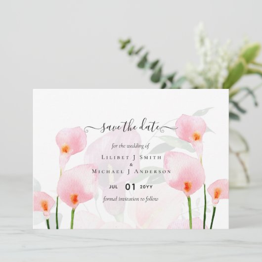 Elegant Pink Calla Lily Wedding Rett Date QR Code Einladung (Stehend Vorderseite)