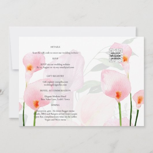 Elegant Pink Calla Lily Wedding Rett Date QR Code Einladung (Rückseite)