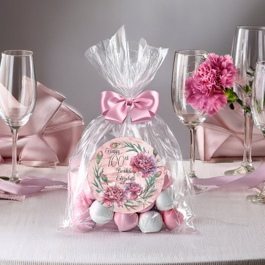 Elegant Pink Carnations 100th Birthday Party Runder Aufkleber