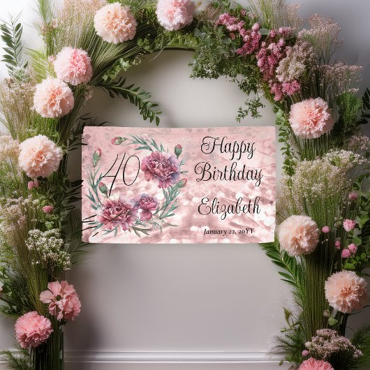 Elegant Pink Carnations 40th Birthday Party  Banner